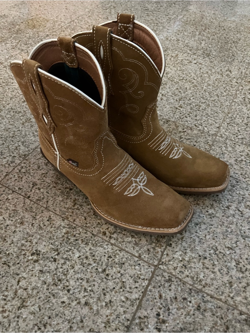 Justin Boots Tan Suede Western Cowboy Boots with White Stitching